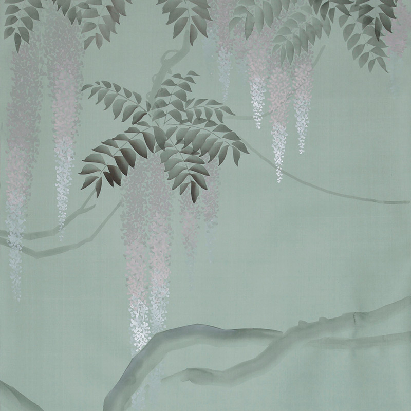 Обои в Японском стиле Wisteria Special Colourway on Blue Grey dyed silk Обои в Японском стиле Wisteria Special Colourway on Blue Grey dyed silk в Тюмени | Loft Concept