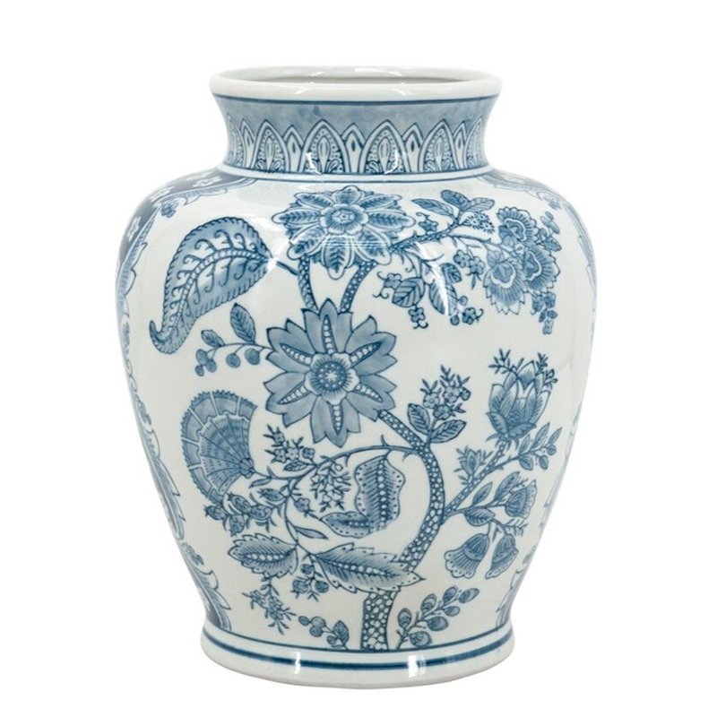 Ваза округлой формы белого цвета с синим растительным узором Blue & White Ornament Белый Синий Ваза округлой формы белого цвета с синим растительным узором Blue & White Ornament Белый Синий в Тюмени | Loft Concept