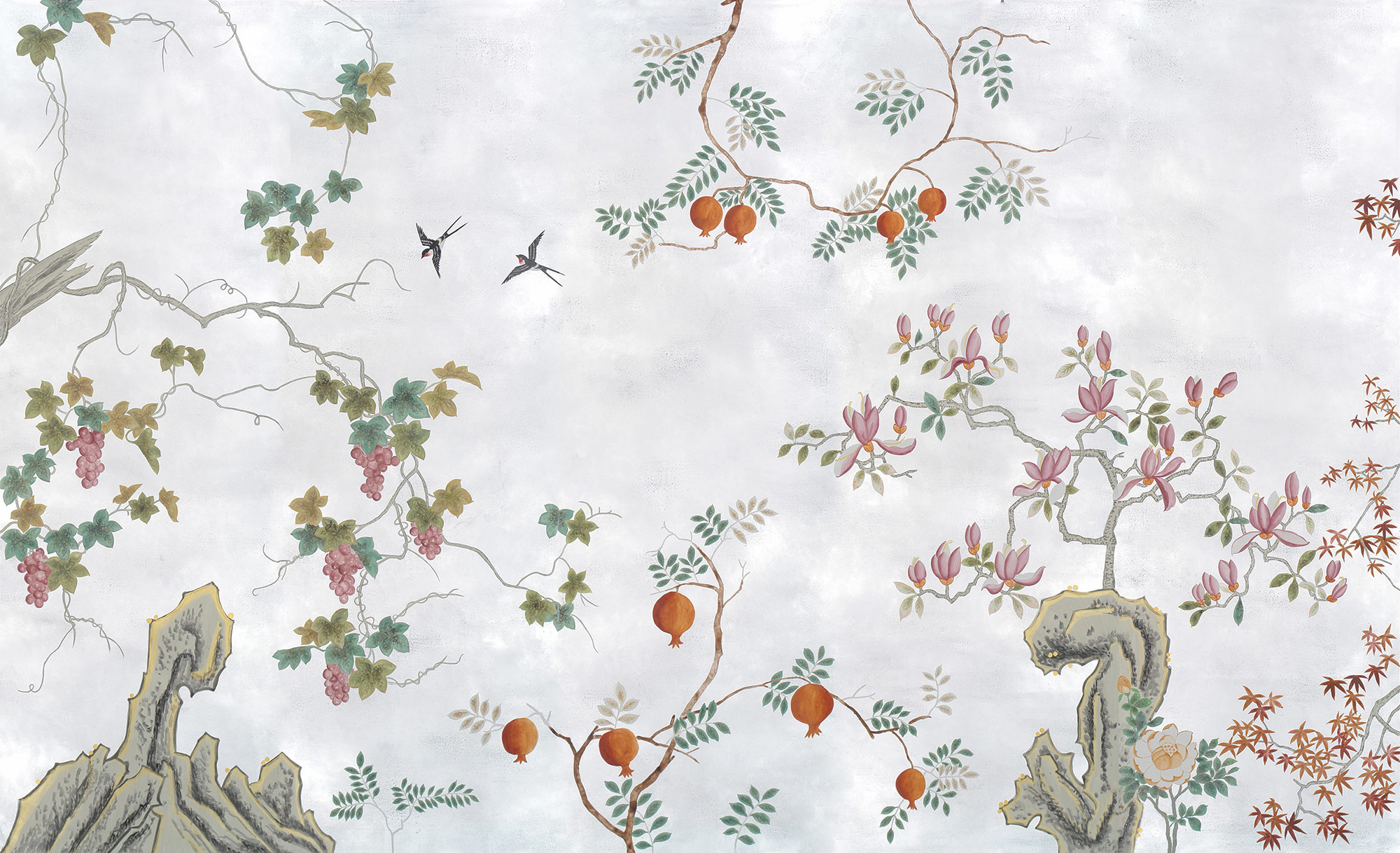 Обои ручная роспись Summer Night Blossom Original colourway on Ocean Silver gilded paper Обои ручная роспись Summer Night Blossom Original colourway on Ocean Silver gilded paper - постер Loft-Concept в Тюмени