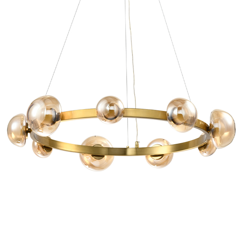 Люстра подвесная светодиодная с 9-ю круглыми плафонами коньячного цвета Iona Chandelier Brass Латунь Люстра подвесная светодиодная с 9-ю круглыми плафонами коньячного цвета Iona Chandelier Brass Латунь в Тюмени | Loft Concept