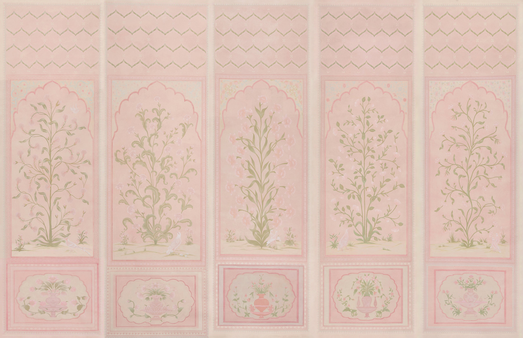 Обои ручная роспись Jharokha Arches Original colourway on pink painted Xuan paper Обои ручная роспись Jharokha Arches Original colourway on pink painted Xuan paper - постер Loft-Concept в Тюмени