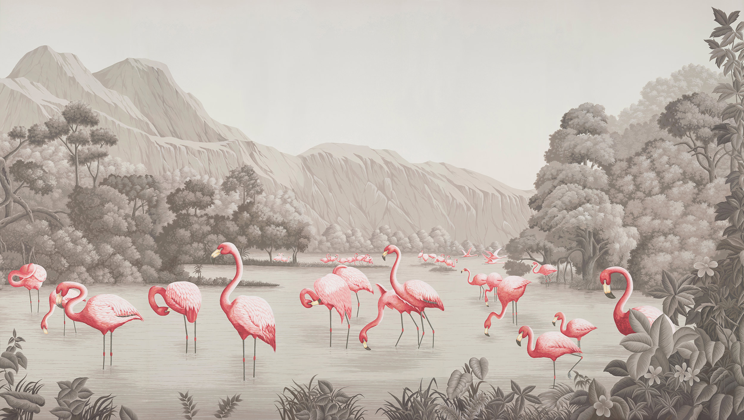 Обои ручная роспись Flamingos Flamingo on Eau Forte scenic paper Обои ручная роспись Flamingos Flamingo on Eau Forte scenic paper - постер Loft-Concept в Тюмени