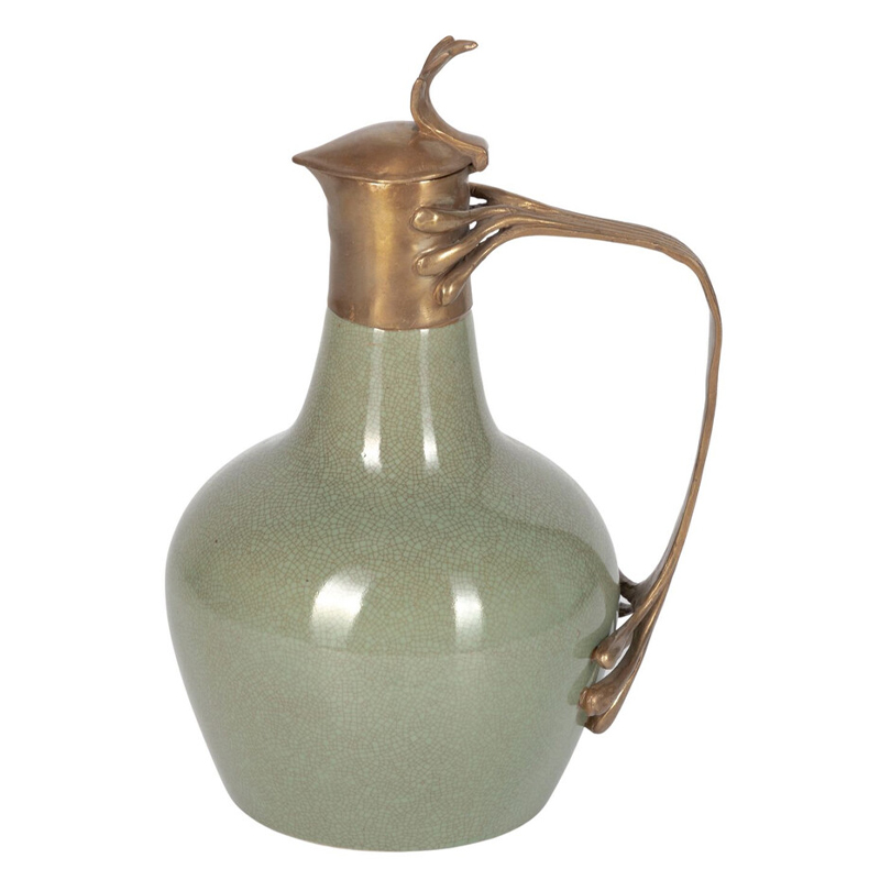Кувшин зеленого цвета из фарфора с бронзовой крышкой и изогнутой ручкой Eden Garden porcelain and bronze Зеленый Бронза Кувшин зеленого цвета из фарфора с бронзовой крышкой и изогнутой ручкой Eden Garden porcelain and bronze Зеленый Бронза в Тюмени | Loft Concept