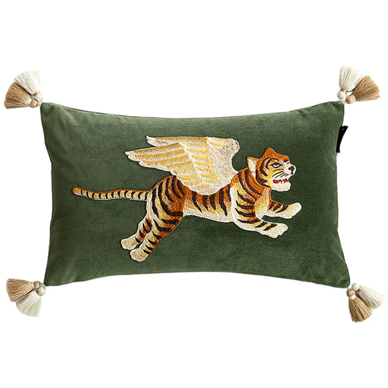 Декоративная подушка с вышивкой Стиль Gucci Winged Tiger Cushion Зеленый Оранжевый Золотой Декоративная подушка с вышивкой Стиль Gucci Winged Tiger Cushion Зеленый Оранжевый Золотой в Тюмени | Loft Concept