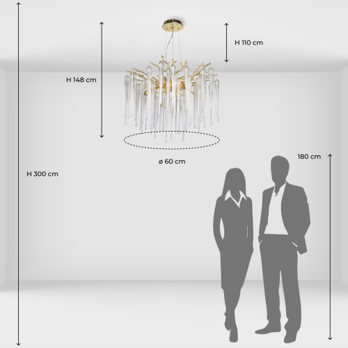 Люстра золотого цвета с декоративными ветками и длинными прозрачными стеклянными подвесами в форме сосулек Droplet Chandelier в Тюмени