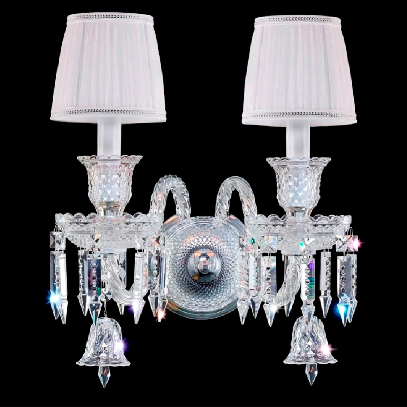 Бра с двумя белыми текстильными абажурами и хрустальными подвесками Lustre Reverie Хром Прозрачное Стекло Белый Бра с двумя белыми текстильными абажурами и хрустальными подвесками Lustre Reverie Хром Прозрачное Стекло Белый в Тюмени | Loft Concept