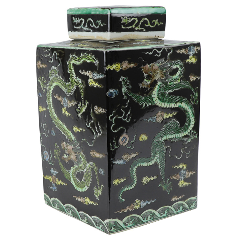 Ваза с крышкой квадратная Green Dragon Black Vase Черный Зеленый Желтый Светло-синий Ваза с крышкой квадратная Green Dragon Black Vase Черный Зеленый Желтый Светло-синий в Тюмени | Loft Concept