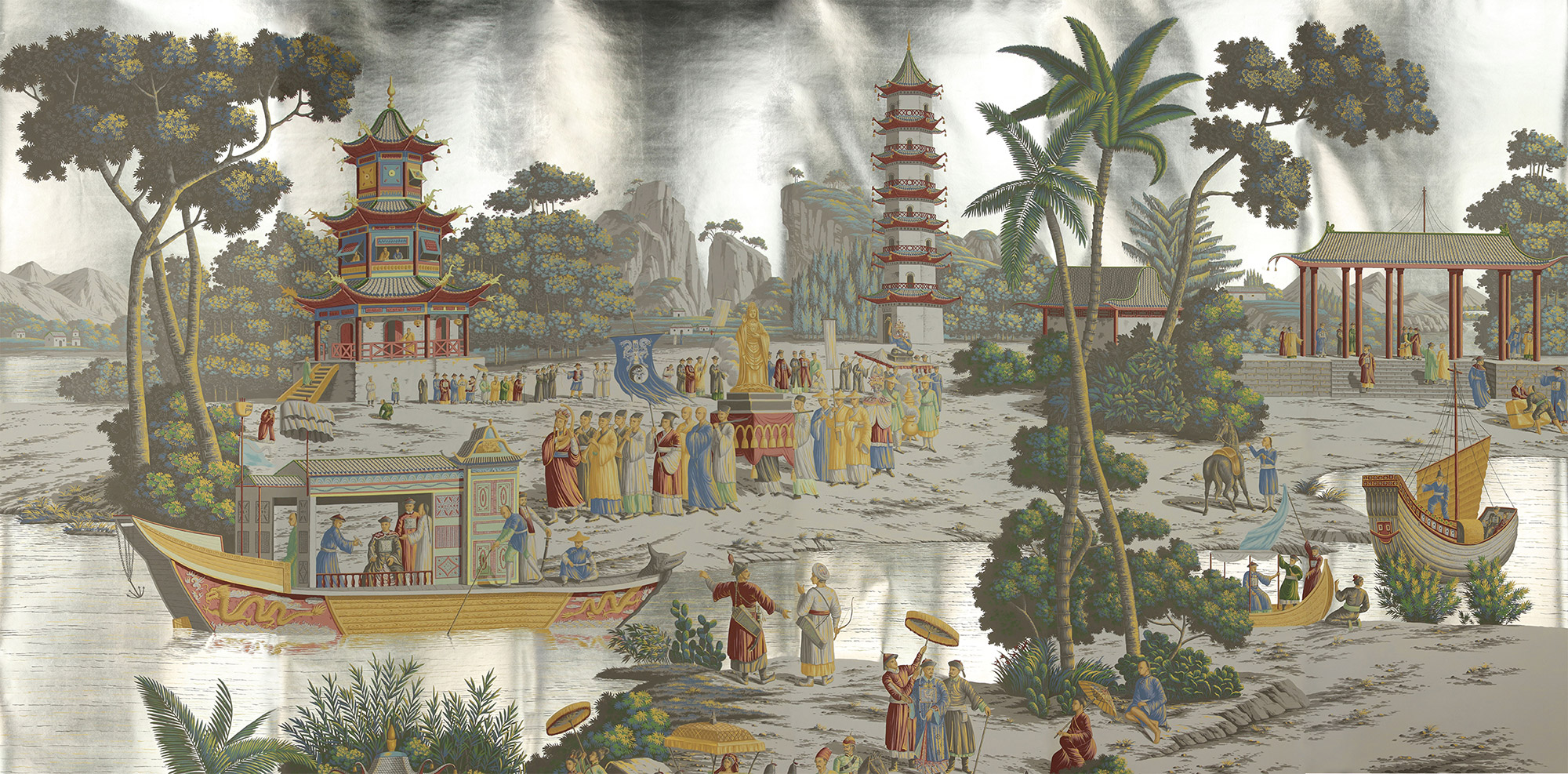 Обои ручная роспись Procession Chinoise Special Colourway on White Metal gilded paper Обои ручная роспись Procession Chinoise Special Colourway on White Metal gilded paper - постер Loft-Concept в Тюмени