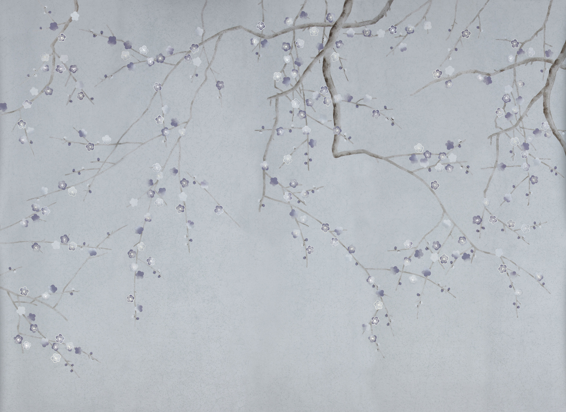 Обои ручная роспись Plum Blossom Special Colourway on Crackled Silver metallic silk - постер Loft-Concept в Тюмени