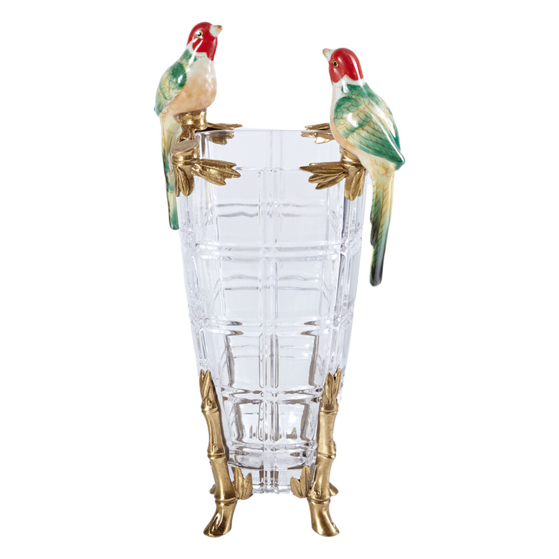 Ваза из прозрачного стекла с бронзовыми ножками и фигурками попугаев Eden Garden porcelain and bronze Прозрачное Стекло Бронза Мульти Ваза из прозрачного стекла с бронзовыми ножками и фигурками попугаев Eden Garden porcelain and bronze Прозрачное Стекло Бронза Мульти в Тюмени | Loft Concept