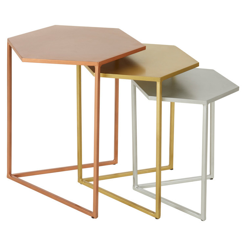 Комплект из 3-х приставных столиков Trio Hexagon Side Tables Медь Золотой Серебряный Комплект из 3-х приставных столиков Trio Hexagon Side Tables Медь Золотой Серебряный в Тюмени | Loft Concept