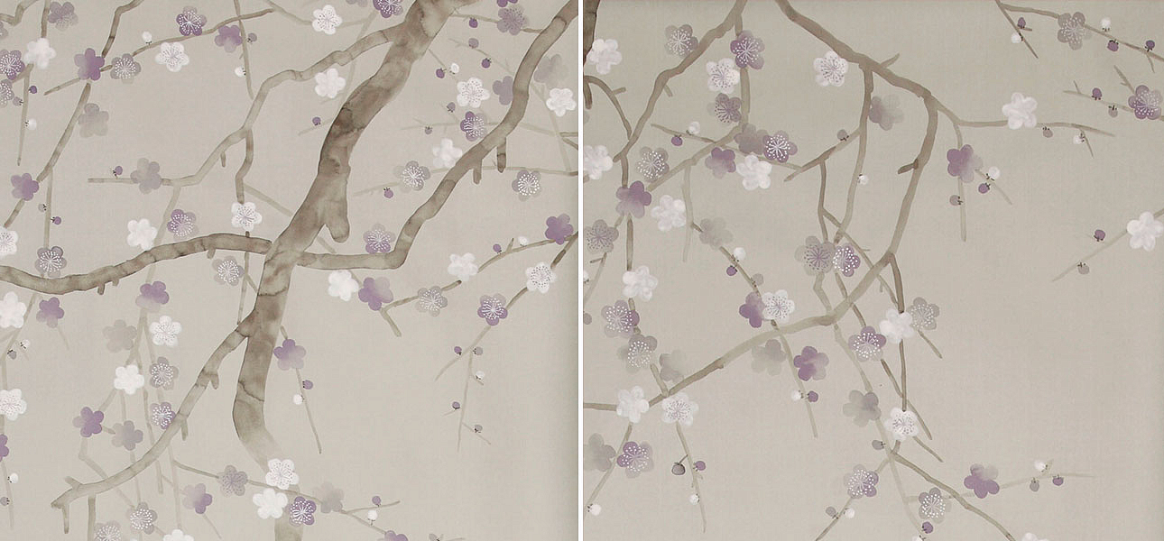 Обои ручная роспись Plum Blossom Special Colourway on Oyster Shell metallic silk Обои ручная роспись Plum Blossom Special Colourway on Oyster Shell metallic silk - Loft-Concept в Тюмени
