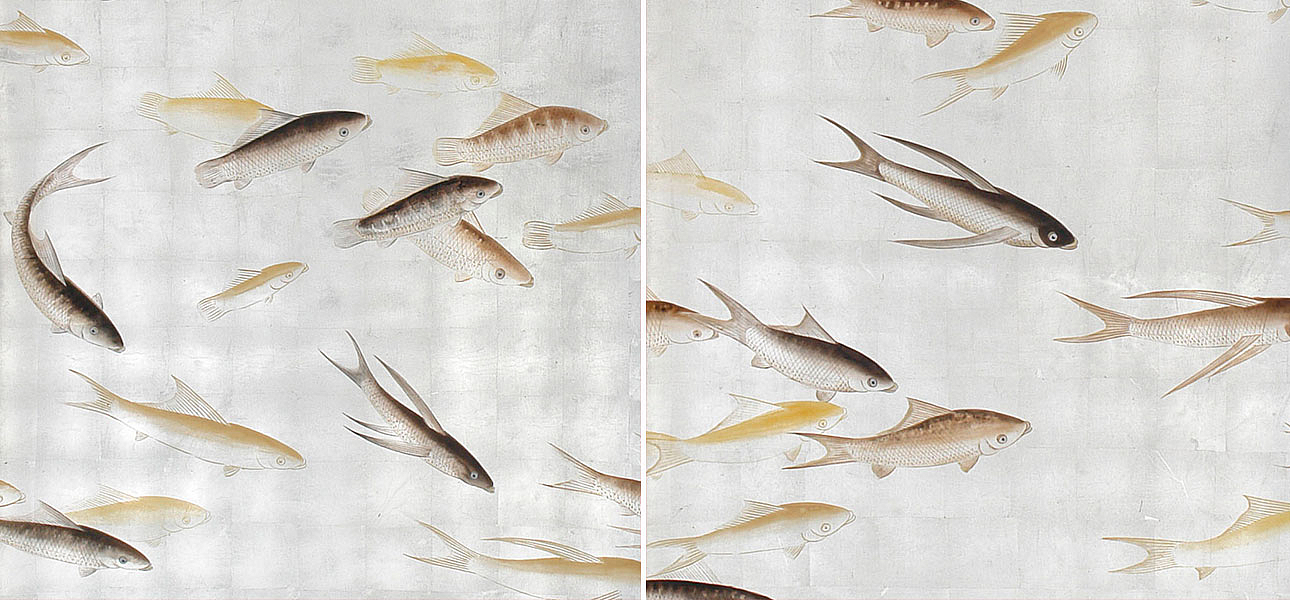 Обои ручная роспись Fishes Amber on Real Silver gilded silk Обои ручная роспись Fishes Amber on Real Silver gilded silk - Loft-Concept в Тюмени