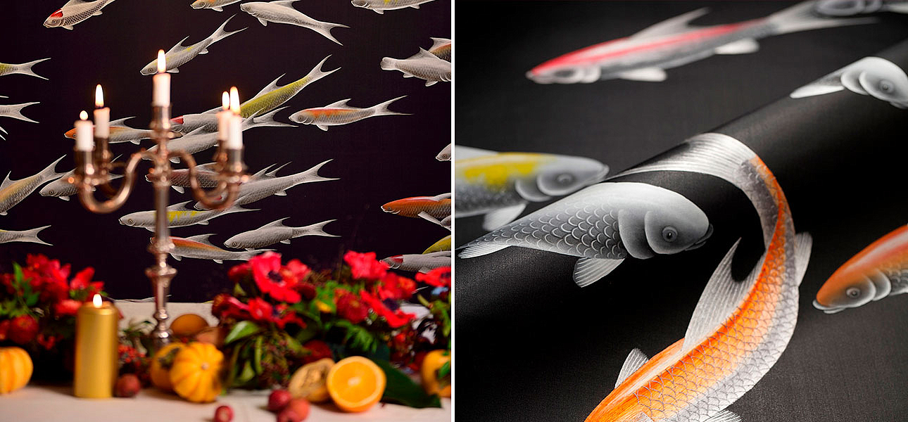 Обои ручная роспись Fishes Koi on Pitch dyed silk Обои ручная роспись Fishes Koi on Pitch dyed silk - Loft-Concept в Тюмени