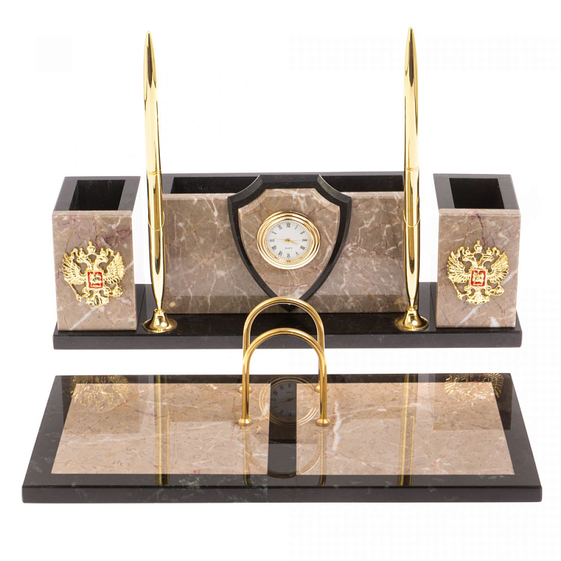 Настольный письменный набор из бежевого мрамора с часами и гербом Marble Accessory Бежевый Черный Золотой Настольный письменный набор из бежевого мрамора с часами и гербом Marble Accessory Бежевый Черный Золотой в Тюмени | Loft Concept