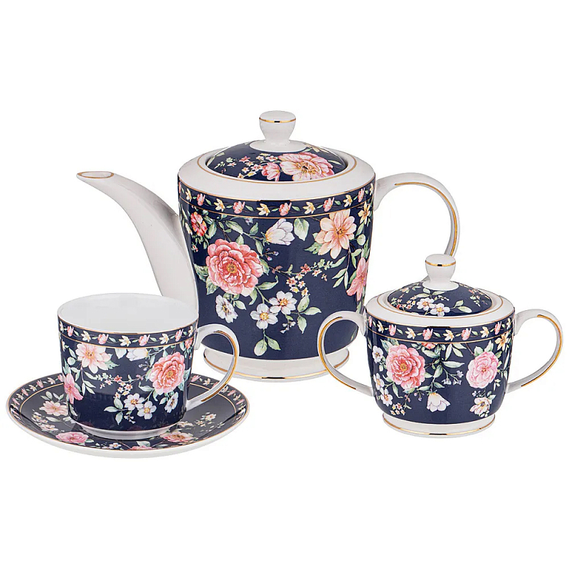 Чайный сервиз из фарфора синий на 6 персон 14 предметов Flower Porcelain Collection Синий Мульти Чайный сервиз из фарфора синий на 6 персон 14 предметов Flower Porcelain Collection Синий Мульти в Тюмени | Loft Concept
