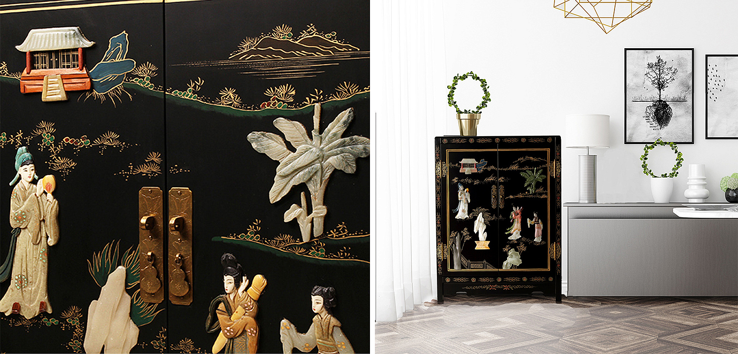 Черный Двухдверный Комод в Китайском стиле с каменным Барельефом Black Chinese Chest of drawers Черный Двухдверный Комод в Китайском стиле с каменным Барельефом Black Chinese Chest of drawers - Loft-Concept в Тюмени