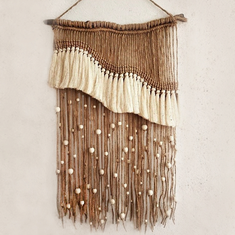Дизайнерское Панно Дюна Макраме из нитей и бусин Wall Panel Dune Светло-бежевый Коричневый в Тюмени | Loft Concept 