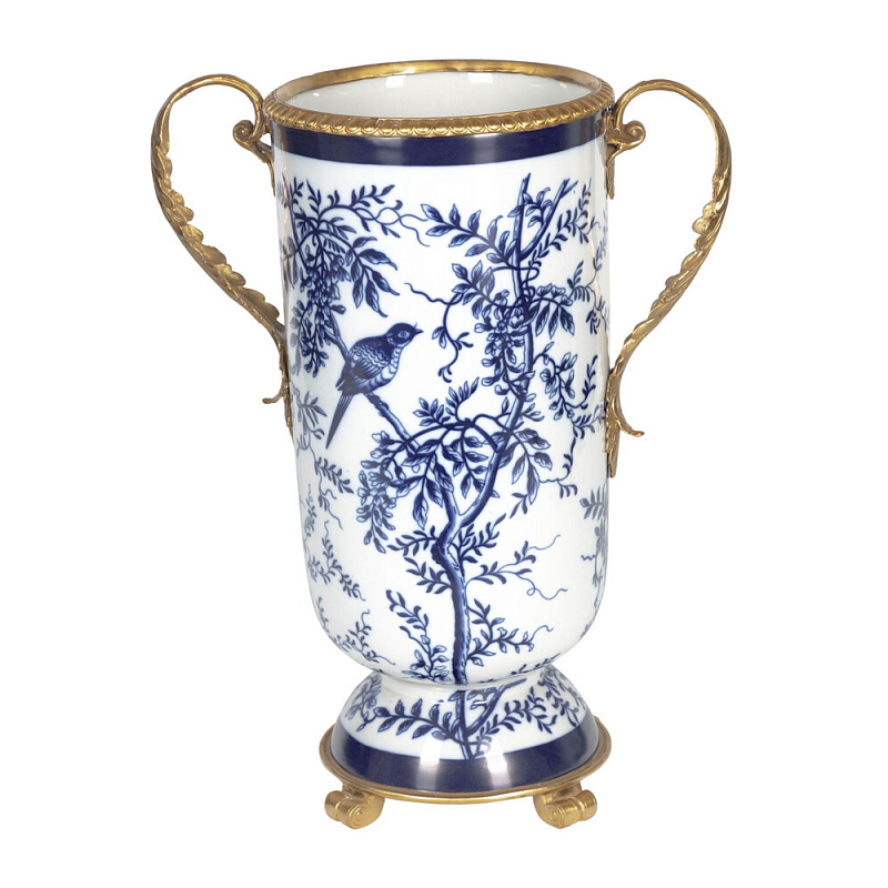 Ваза с бронзовыми ручками и синим цветочным узором Blue & White Ornament Синий Белый Бронза в Тюмени | Loft Concept 