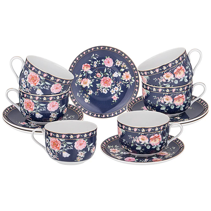 Чайный набор из фарфора синий на 6 персон 12 предметов Flower Porcelain Collection Синий Мульти Чайный набор из фарфора синий на 6 персон 12 предметов Flower Porcelain Collection Синий Мульти в Тюмени | Loft Concept