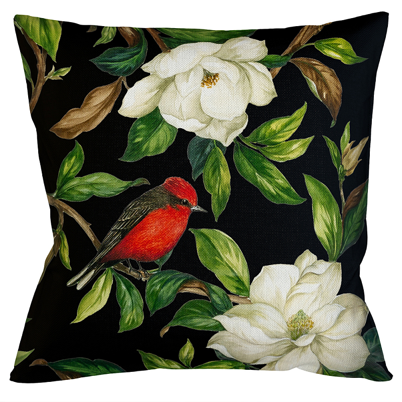 Декоративная подушка чёрная с изображением птиц и цветов Blooming Reds Birds Мульти Черный Декоративная подушка чёрная с изображением птиц и цветов Blooming Reds Birds Мульти Черный в Тюмени | Loft Concept