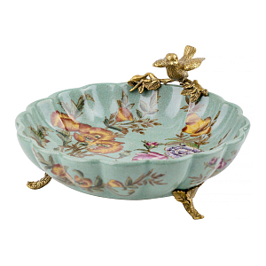 Блюдо из голубого фарфора с бронзовой птичкой Blue Garden