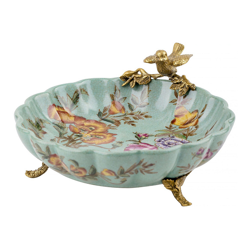 Блюдо из голубого фарфора с бронзовой птичкой Blue Garden Голубой Бронза Мульти в Тюмени | Loft Concept 