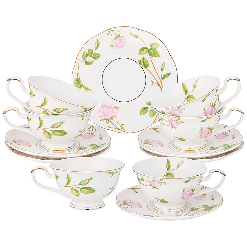 Чайный набор из фарфора белый с цветочным принтом на 6 персон 12 предметов Flower Porcelain Collection Белый Мульти Чайный набор из фарфора белый с цветочным принтом на 6 персон 12 предметов Flower Porcelain Collection Белый Мульти в Тюмени | Loft Concept