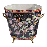 Кашпо из фарфора черная с цветочной росписью и бронзовой стрекозой Spring Garden варинант исполнения - 1 | Loft Concept в Тюмени