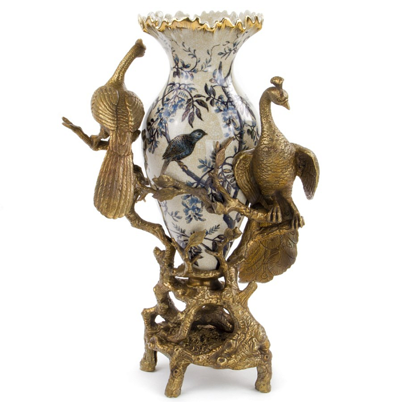 Ваза Bronze Peacocks Vase Белый Бронза Синий Ваза Bronze Peacocks Vase Белый Бронза Синий в Тюмени | Loft Concept