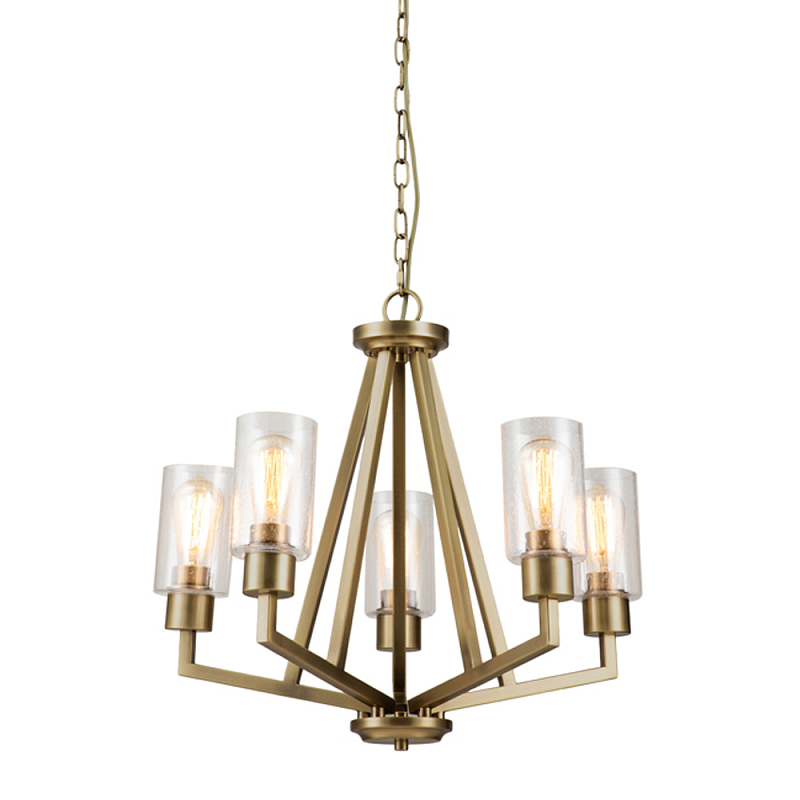Люстра цвета латунь с 5-ю цилиндрическими плафонами из прозрачного пузырчатого стекла Kichler Латунь Прозрачное Стекло в Тюмени | Loft Concept 