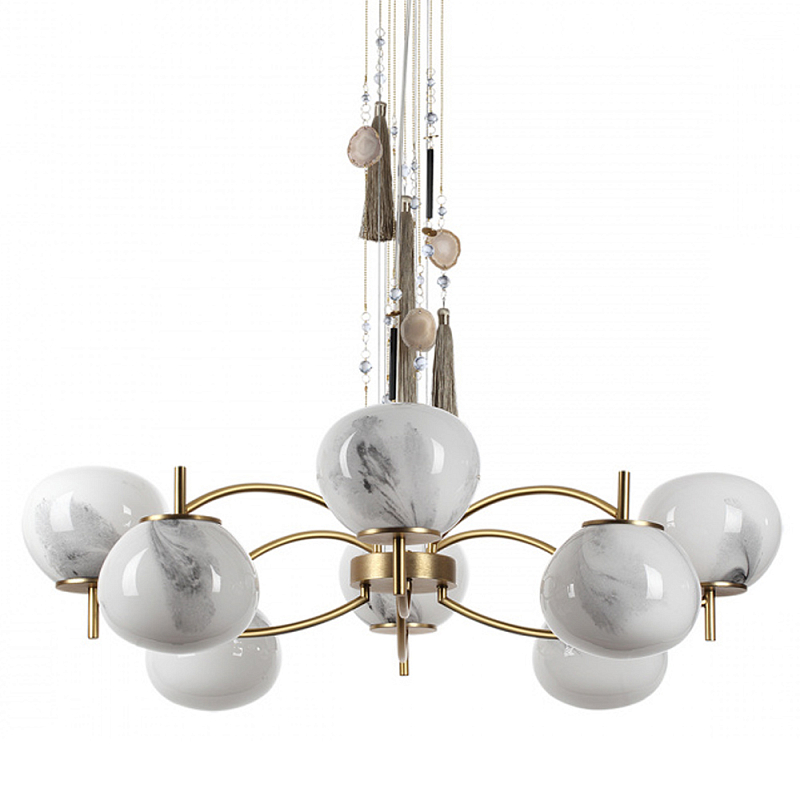 Люстра подвесная с 8-ю шарообразными плафонами из белого стекла с подвесками из камня и кисточками Agatelle Латунь Бежевый Серый Белый в Тюмени | Loft Concept 