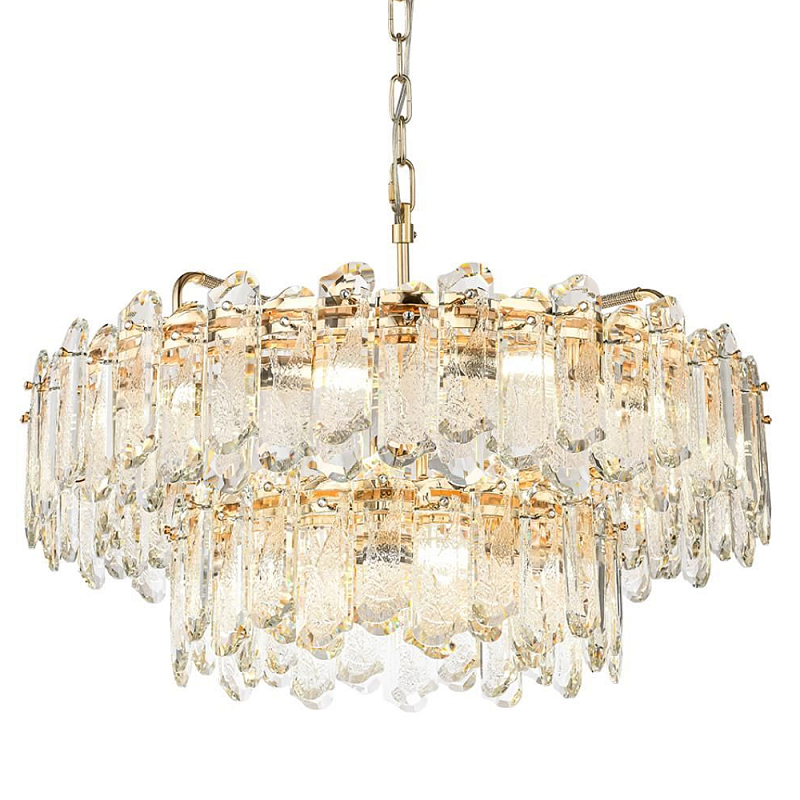 Люстра подвесная двухъярусная с хрустальными овальными подвесками Harmonica Золотой Прозрачный в Тюмени | Loft Concept 