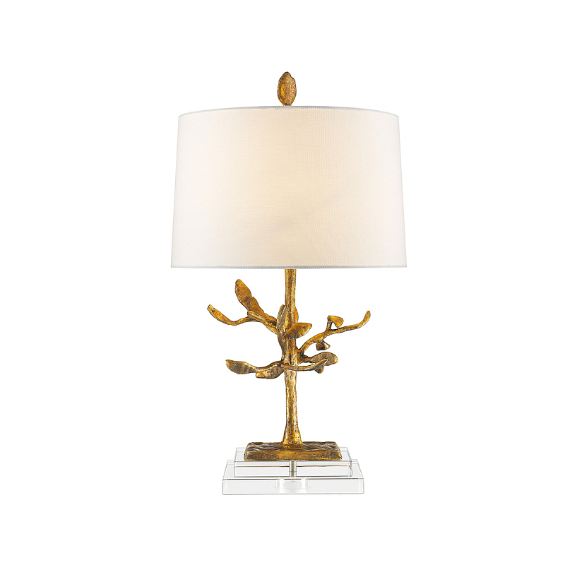 Настольная лампа с кремовым льняным цилиндрическим абажуром и ножкой в форме золотистой ветки Gilded Nola Золотой Белый Бежевый в Тюмени | Loft Concept 