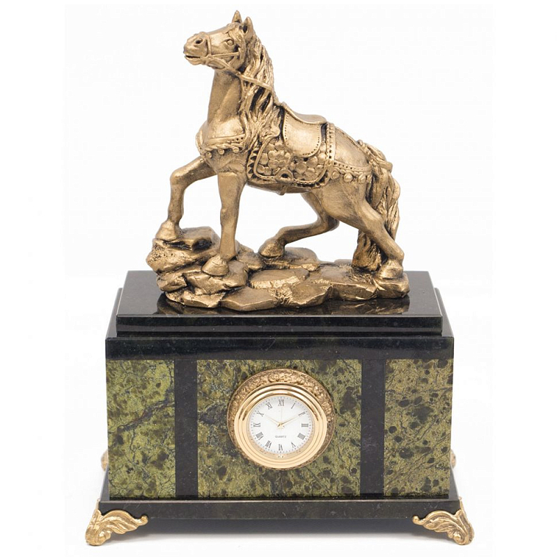 Часы настольные из натурального камня с декором в виде коня Horse Stone Clock Коричневый Черный Зеленый Золотой Часы настольные из натурального камня с декором в виде коня Horse Stone Clock Коричневый Черный Зеленый Золотой в Тюмени | Loft Concept