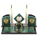 Настольный письменный набор из змеевика с часами и гербом Successful Leader варинант исполнения - 1 | Loft Concept в Тюмени