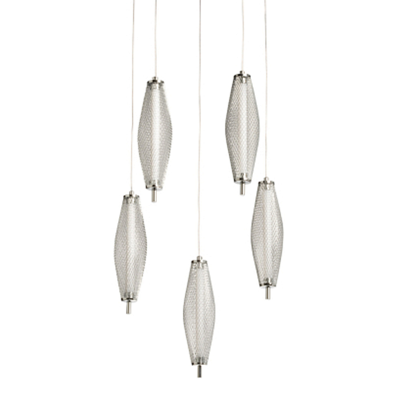 Люстра круглая каскадня с 5-ю плафонами из металлической сетки Mesh Lampshade Lighting Хром в Тюмени | Loft Concept 