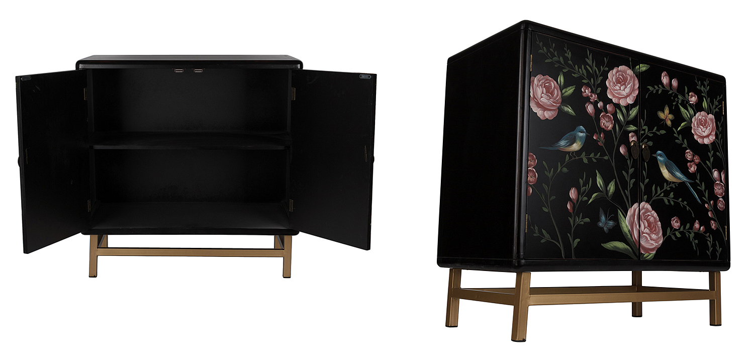 Комод с росписью птицы и цветы Black Chest Of Drawers Peonies Черный Комод с росписью птицы и цветы Black Chest Of Drawers Peonies Черный - Loft-Concept в Тюмени