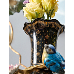 Ваза черная фарфоровая с  узором и бронзовым декором в виде веток с фарфоровой птичкой и цветами Eden Garden варинант исполнения - 4 | Loft Concept в Тюмени