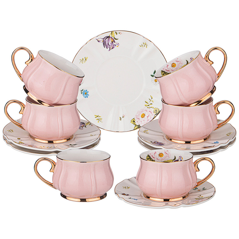 Чайный набор из фарфора на 6 персон 12 предметов Tea Porcelain Set Белый Золотой Розовый Чайный набор из фарфора на 6 персон 12 предметов Tea Porcelain Set Белый Золотой Розовый в Тюмени | Loft Concept