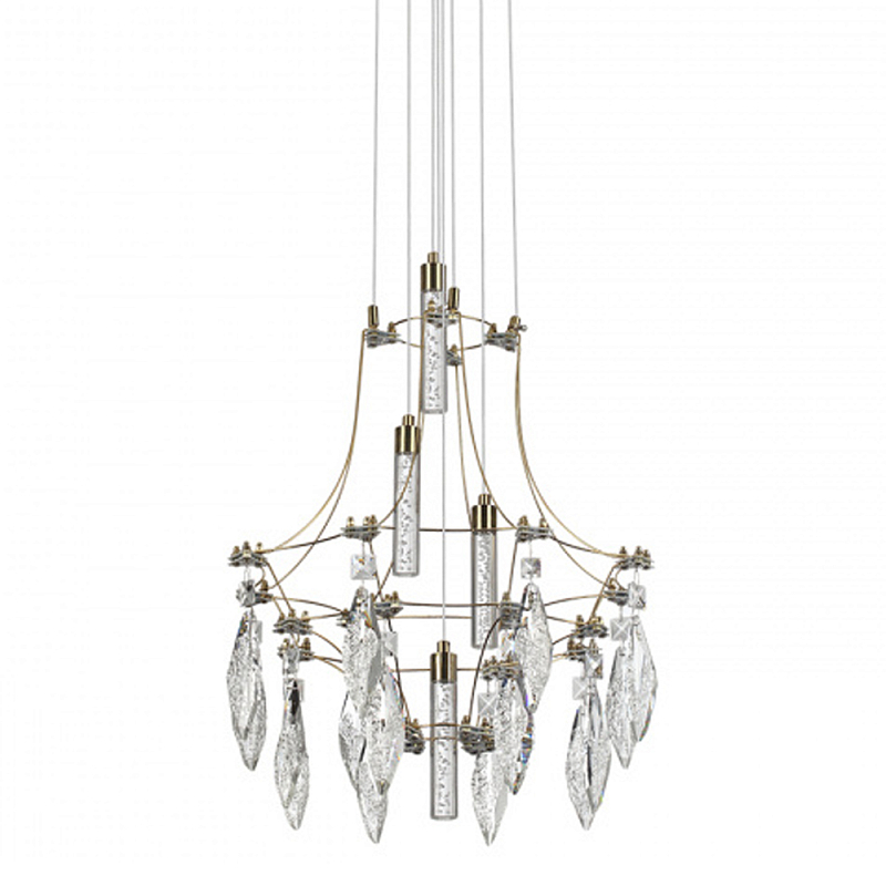 Люстра подвесная из металла с хрустальными подвесками прозрачного цвета Quasar 41 Золотой Хром в Тюмени | Loft Concept 