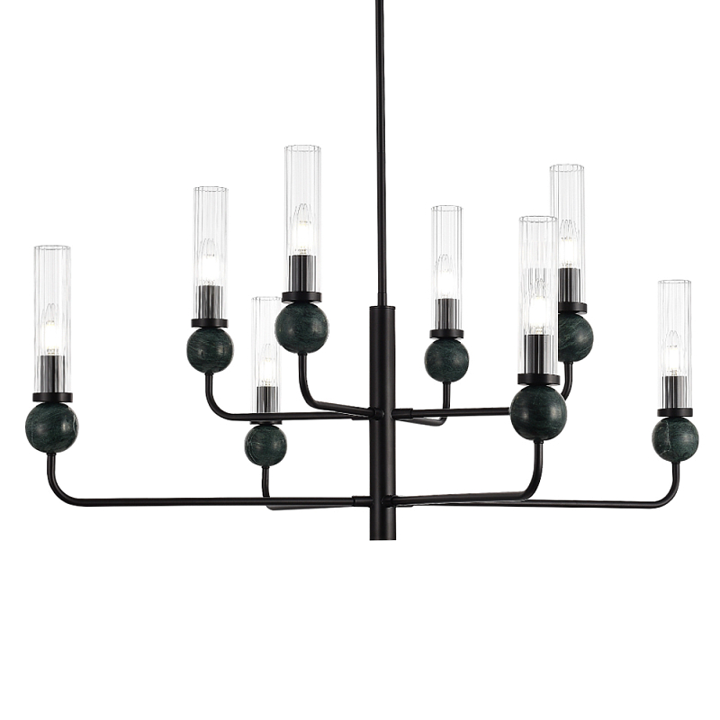 Люстра с 8-ю плафонами в форме стеклянных трубок и мраморных декоративных элементов Montreal Белый Черный Прозрачный Латунь в Тюмени | Loft Concept 