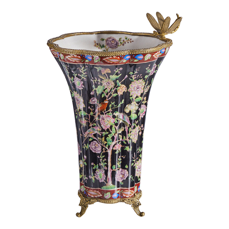 Ваза из фарфора черная с цветочной росписью и бронзовой стрекозой Spring Garden Бронза Мульти Черный в Тюмени | Loft Concept 
