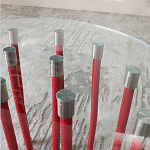 Дизайнерский журнальный стол с круглой прозрачной столешницей и основанием в виде красных металлических тросов Wires варинант исполнения - 5 | Loft Concept в Тюмени