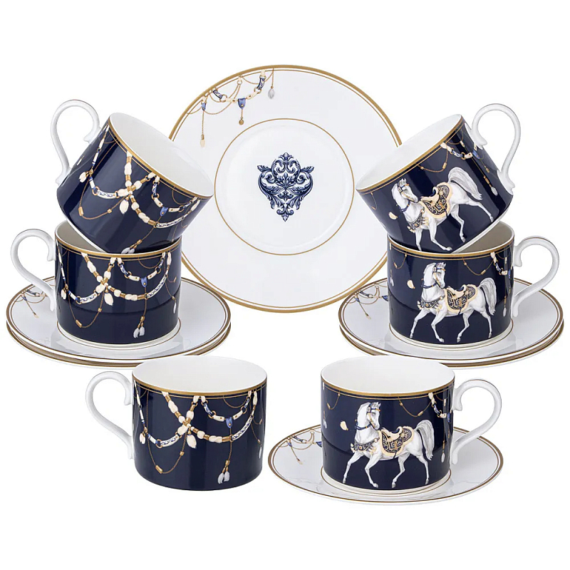 Чайный набор из фарфора с изображением лошадей на 6 персон 12 предметов Porcelain Horse Set Белый Синий Чайный набор из фарфора с изображением лошадей на 6 персон 12 предметов Porcelain Horse Set Белый Синий в Тюмени | Loft Concept