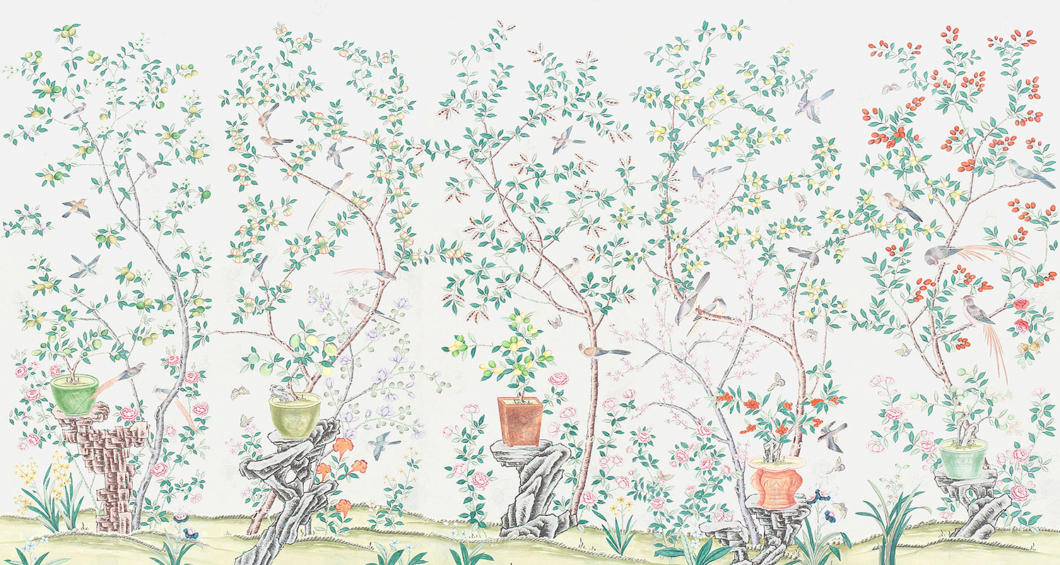 Обои ручная роспись Jardinieres & Citrus Trees Natural Mica Обои ручная роспись Jardinieres & Citrus Trees Natural Mica - Loft-Concept в Тюмени