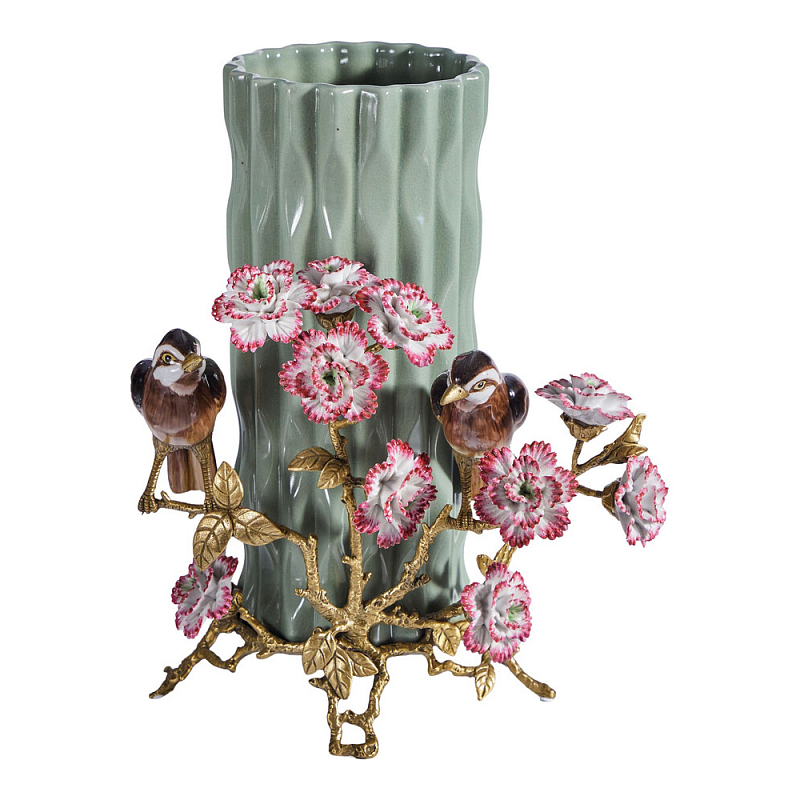 Ваза с птицами и цветами из фарфора с бронзовыми элементами Garden of Eden Бронза Мульти Зеленый в Тюмени | Loft Concept 