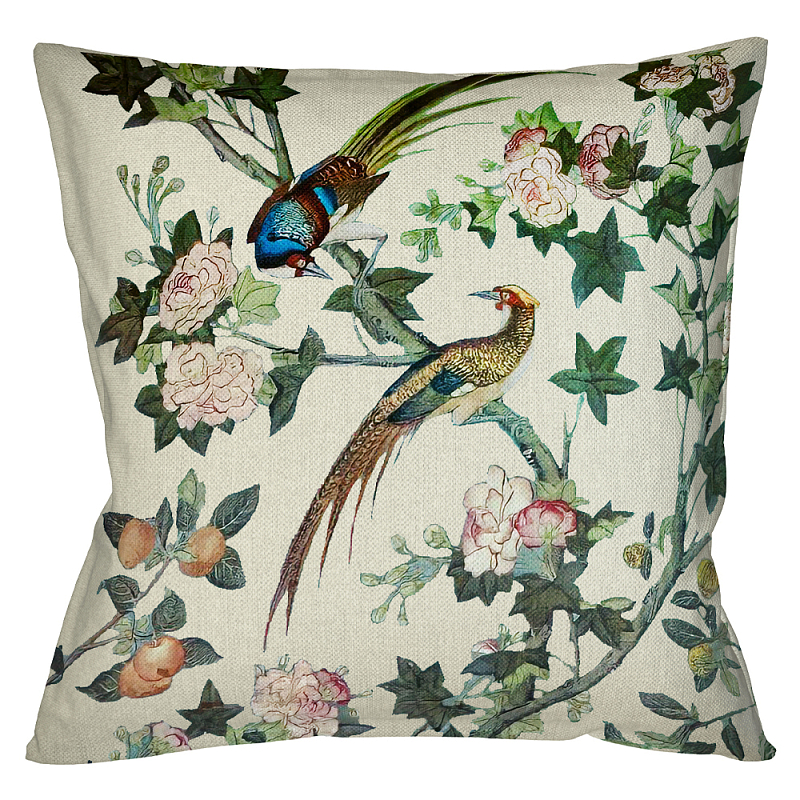Подушка декоративная с изображением птицы в саду Beige Chinoiserie Birds in the Rose Garden Cushion Бежевый Мульти в Тюмени | Loft Concept 