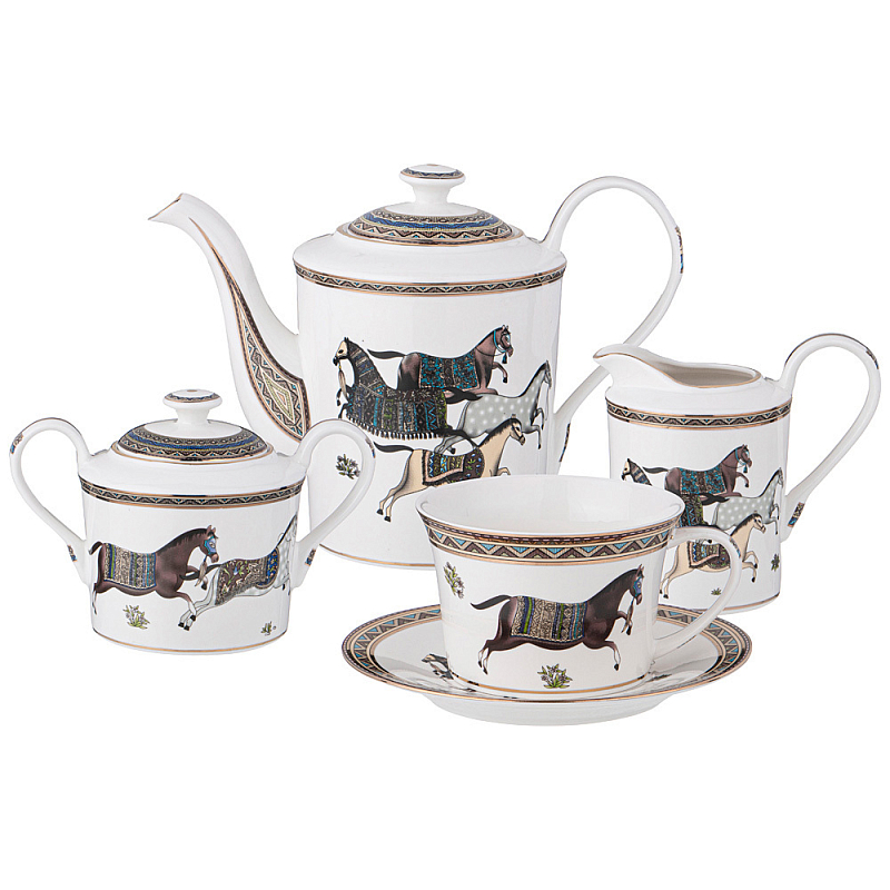 Чайный сервиз из фарфора с изображением лошадей на 6 персон 15 предметов Porcelain Horse Set Белый Мульти Чайный сервиз из фарфора с изображением лошадей на 6 персон 15 предметов Porcelain Horse Set Белый Мульти в Тюмени | Loft Concept