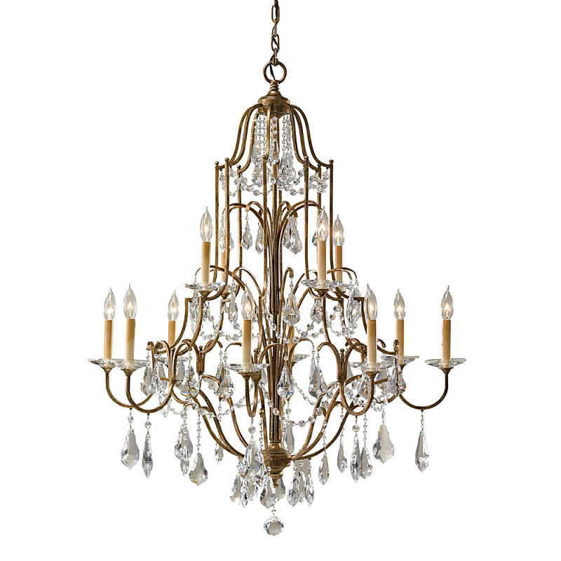 Люстра многоярусная с 12-ю лампами и стеклянными подвесками в классическом стиле Feiss Бронза Прозрачное Стекло в Тюмени | Loft Concept 